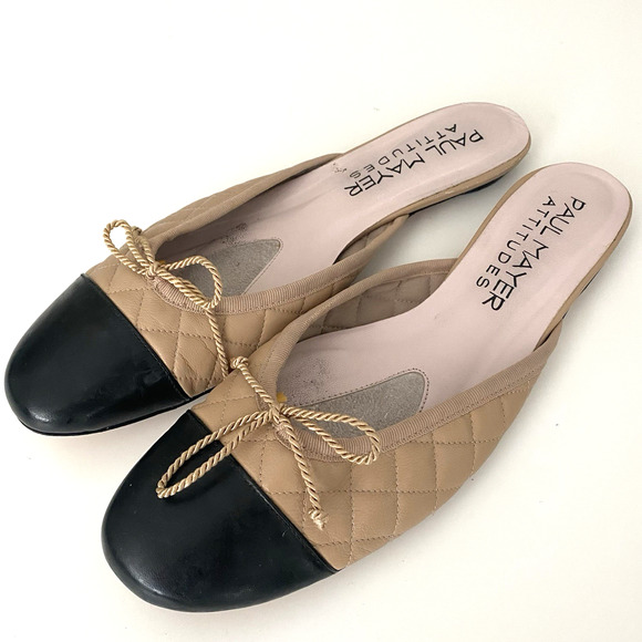 Paul Mayer Attitudes Quilted Mule Flat Slip On Nude Beige Black Cap Toe Round 11 - Picture 4 of 9
